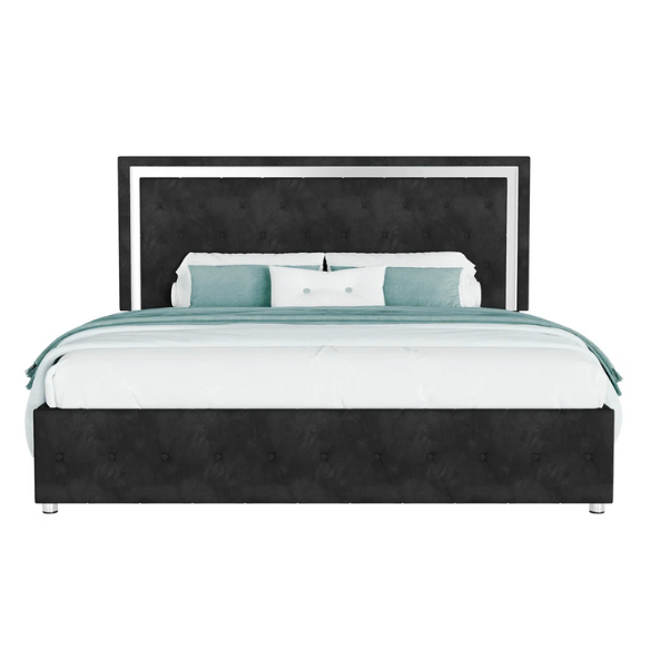 Black velvet full size platform bed with tufted headboard and footboard, featuring built-in RGB LED lighting, rectangular silhouette, and low-profile design.