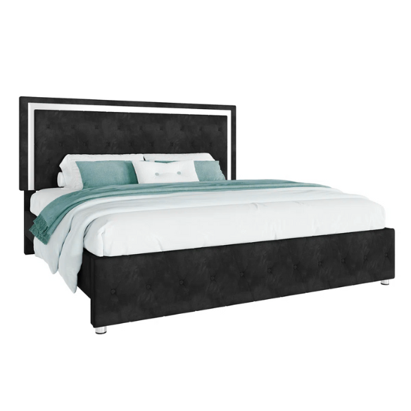 Black velvet full size platform bed with tufted headboard and footboard, featuring built-in RGB LED lighting, rectangular silhouette, and low-profile design.