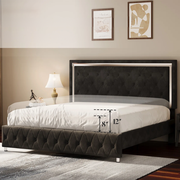 Black velvet full size platform bed with tufted headboard and footboard, featuring built-in RGB LED lighting, rectangular silhouette, and low-profile design.