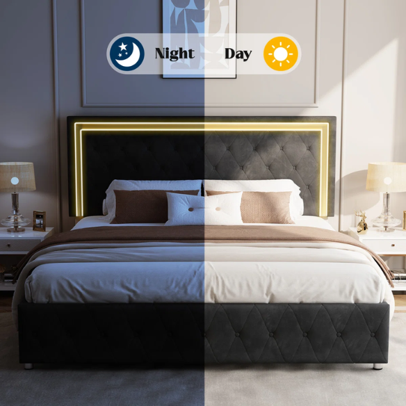 Black velvet full size platform bed with tufted headboard and footboard, featuring built-in RGB LED lighting, rectangular silhouette, and low-profile design.