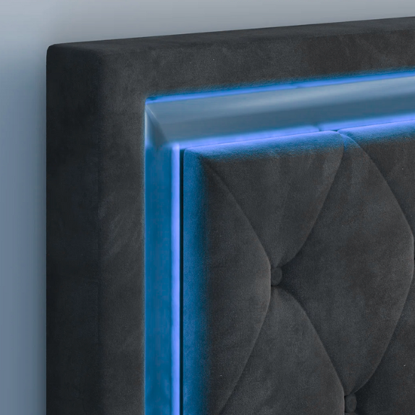 Black velvet full size platform bed with tufted headboard and footboard, featuring built-in RGB LED lighting, rectangular silhouette, and low-profile design.