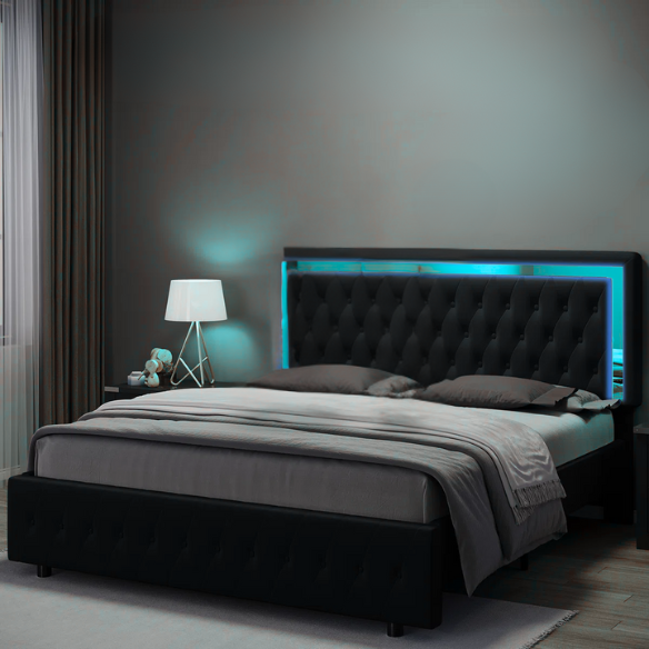 Black velvet full size platform bed with tufted headboard and footboard, featuring built-in RGB LED lighting, rectangular silhouette, and low-profile design.