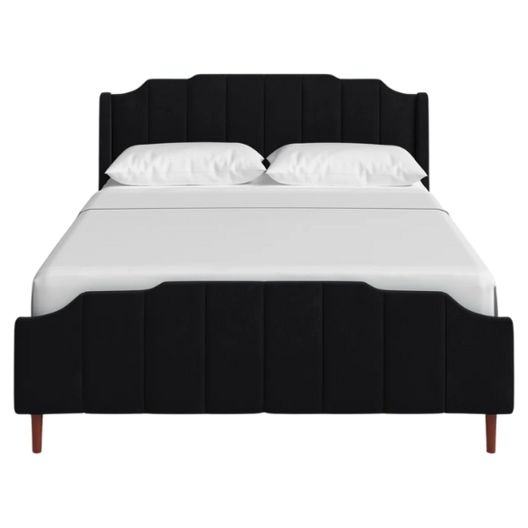 Black velvet queen platform bed with tufted channel headboard, solid wood frame, and tapered legs – no box spring required