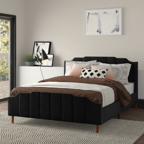 Black velvet queen platform bed with tufted channel headboard, solid wood frame, and tapered legs – no box spring required