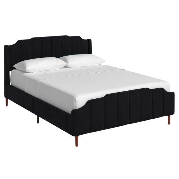 Black velvet queen platform bed with tufted channel headboard, solid wood frame, and tapered legs – no box spring required