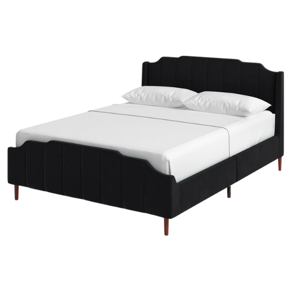 Black velvet queen platform bed with tufted channel headboard, solid wood frame, and tapered legs – no box spring required