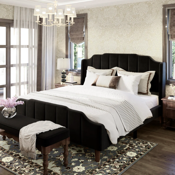 Black velvet queen platform bed with tufted channel headboard, solid wood frame, and tapered legs – no box spring required