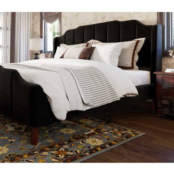 Black velvet queen platform bed with tufted channel headboard, solid wood frame, and tapered legs – no box spring required
