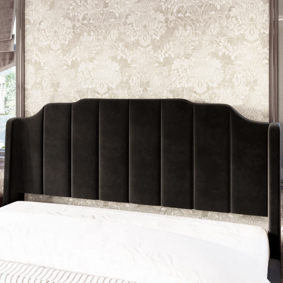 Black velvet queen platform bed with tufted channel headboard, solid wood frame, and tapered legs – no box spring required