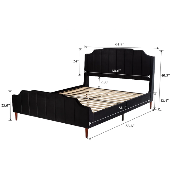 Black velvet queen platform bed with tufted channel headboard, solid wood frame, and tapered legs – no box spring required