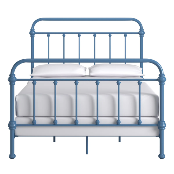 Blue full size metal bed frame with spindle headboard and footboard, decorative finials, and center support legs.