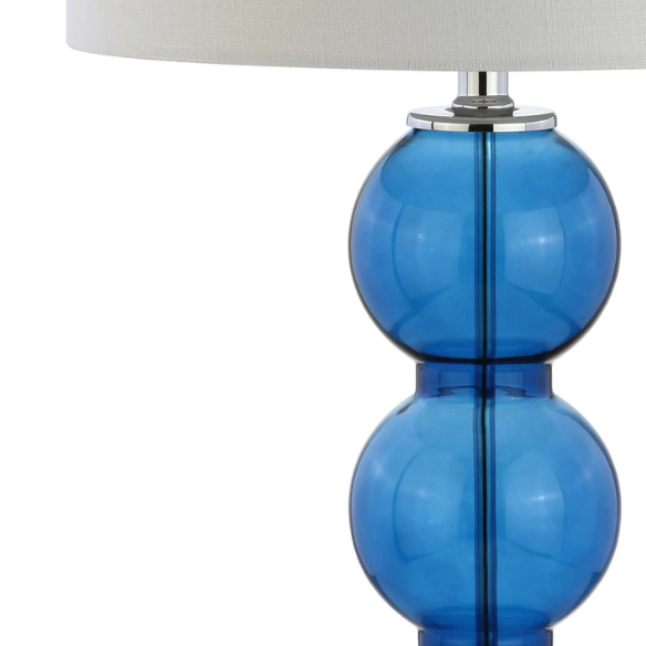 Set of 2 modern table lamps with transparent blue triple-sphere glass base, polished silver accents, and white linen drum shade – elegant lighting for bedroom or living room
