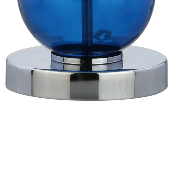 Set of 2 modern table lamps with transparent blue triple-sphere glass base, polished silver accents, and white linen drum shade – elegant lighting for bedroom or living room
