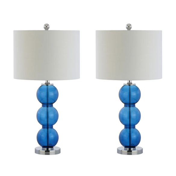 Set of 2 modern table lamps with transparent blue triple-sphere glass base, polished silver accents, and white linen drum shade – elegant lighting for bedroom or living room