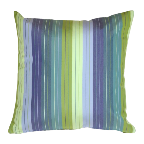Striped accent pillow in blue and green – reversible, weather-resistant, and overstuffed with polyester fill for both indoor and outdoor use.