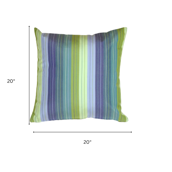 Striped accent pillow in blue and green – reversible, weather-resistant, and overstuffed with polyester fill for both indoor and outdoor use.