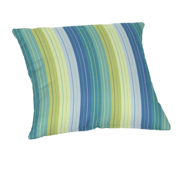 Striped accent pillow in blue and green – reversible, weather-resistant, and overstuffed with polyester fill for both indoor and outdoor use.