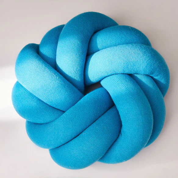 Blue handmade cotton knot throw pillow, round design, 30 cm diameter – soft plush decorative cushion for sofa, bed, chair, or car