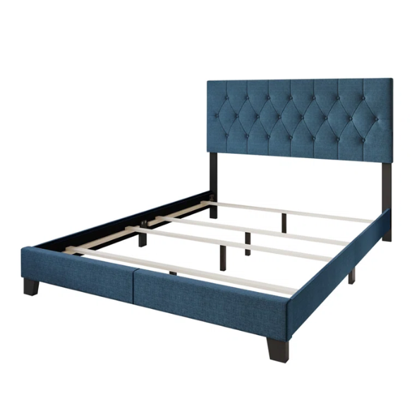 Blue linen full size upholstered bed with button tufted headboard and low-profile legs
