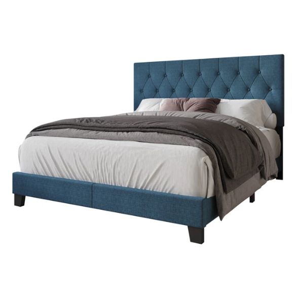 Blue linen full size upholstered bed with button tufted headboard and low-profile legs