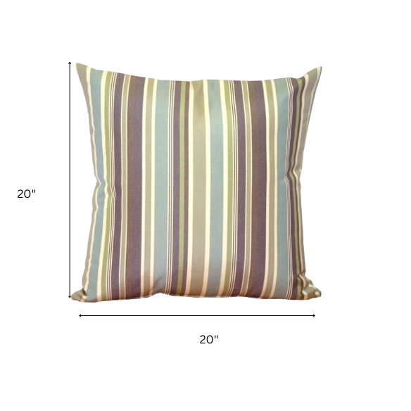 Striped accent pillow in blue, olive green, and beige – reversible, weather-resistant, and overstuffed with plush polyester fill for stylish indoor or outdoor comfort.