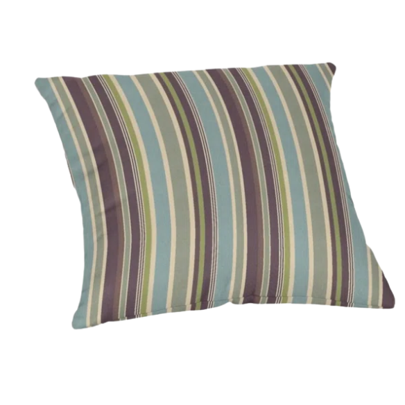 Striped accent pillow in blue, olive green, and beige – reversible, weather-resistant, and overstuffed with plush polyester fill for stylish indoor or outdoor comfort.