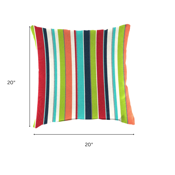 Striped accent pillow in blue, red, white, green, and black – reversible, weather-resistant, and overstuffed with plush polyester fill for indoor and outdoor use on patios, decks, or couches.