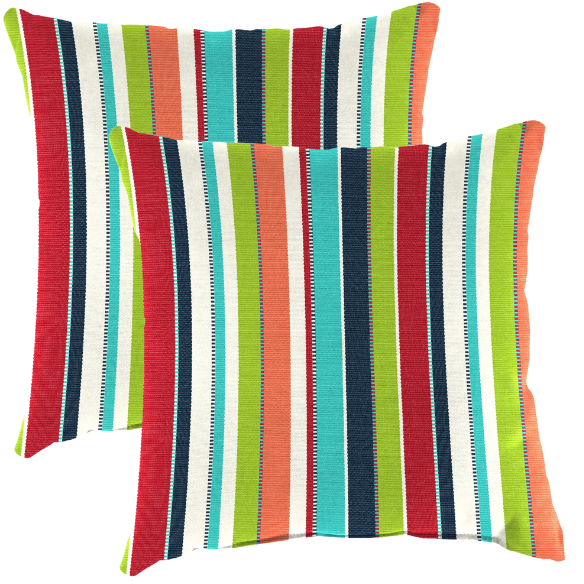 Striped accent pillow in blue, red, white, green, and black – reversible, weather-resistant, and overstuffed with plush polyester fill for indoor and outdoor use on patios, decks, or couches.