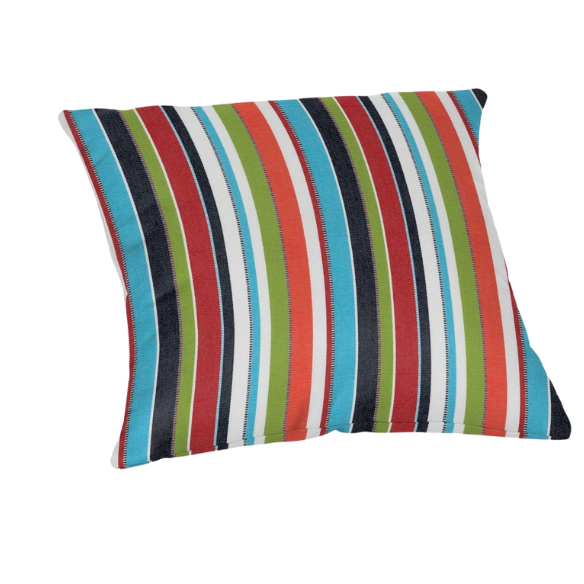 Striped accent pillow in blue, red, white, green, and black – reversible, weather-resistant, and overstuffed with plush polyester fill for indoor and outdoor use on patios, decks, or couches.