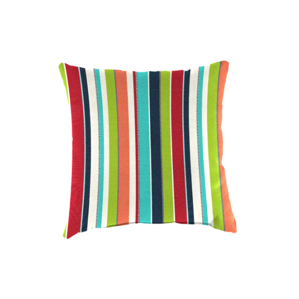 Striped accent pillow in blue, red, white, green, and black – reversible, weather-resistant, and overstuffed with plush polyester fill for indoor and outdoor use on patios, decks, or couches.