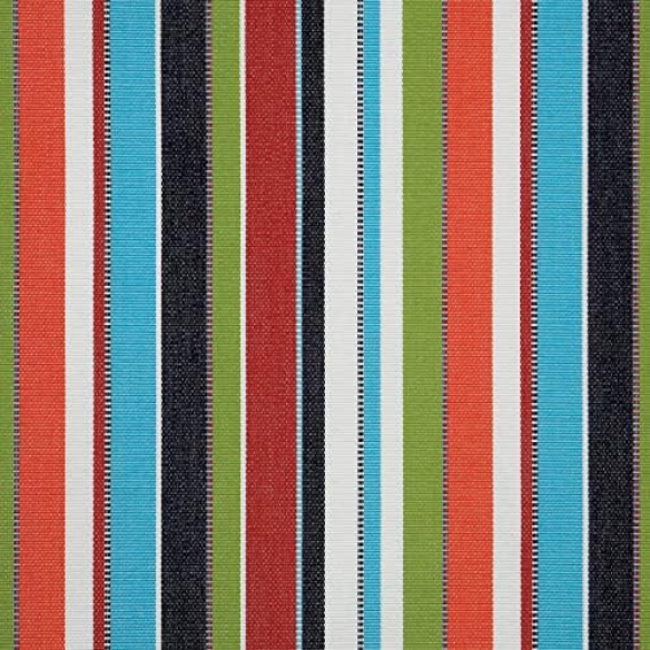 Striped accent pillow in blue, red, white, green, and black – reversible, weather-resistant, and overstuffed with plush polyester fill for indoor and outdoor use on patios, decks, or couches.