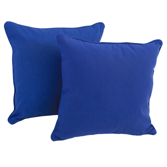 Set of 2 blue square throw pillows with corded edges and hidden zipper closure, made of soft cotton-blend twill fabric, perfect for modern and transitional home décor.
