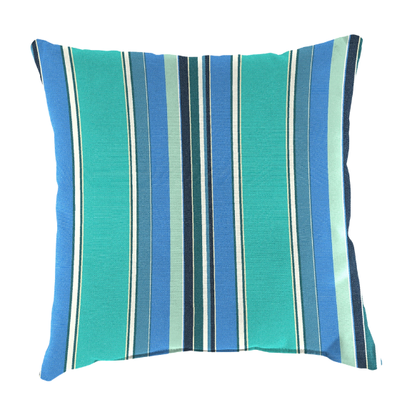 Blue, teal, and white striped accent pillow – reversible, weather-resistant, and overstuffed for comfort; perfect for indoor or outdoor use on patios, decks, or living spaces.