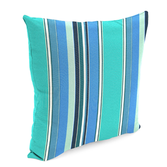 Blue, teal, and white striped accent pillow – reversible, weather-resistant, and overstuffed for comfort; perfect for indoor or outdoor use on patios, decks, or living spaces.