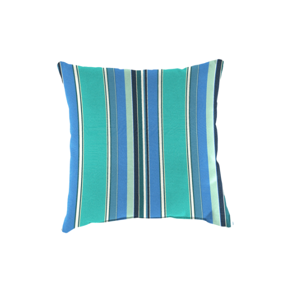 Blue, teal, and white striped accent pillow – reversible, weather-resistant, and overstuffed for comfort; perfect for indoor or outdoor use on patios, decks, or living spaces.