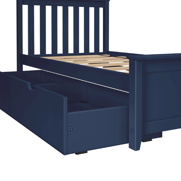 Blue solid wood twin bed with a slatted headboard and a pull-out trundle featuring caster wheels and a cut-out handle, ideal for kids or guest use.