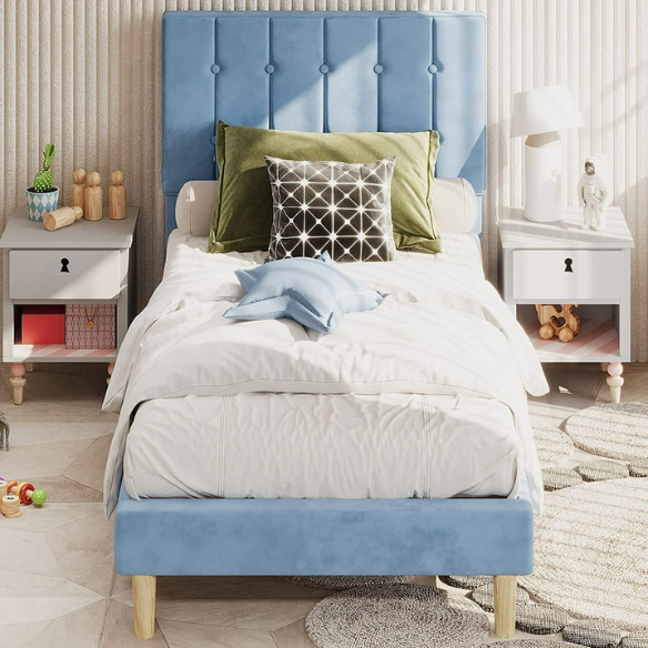Blue twin bed frame with tufted velvet headboard, sturdy metal and wood construction, and 7.9-inch under-bed storage clearance.