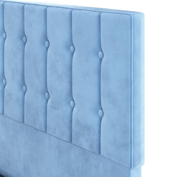 Blue twin bed frame with tufted velvet headboard, sturdy metal and wood construction, and 7.9-inch under-bed storage clearance.