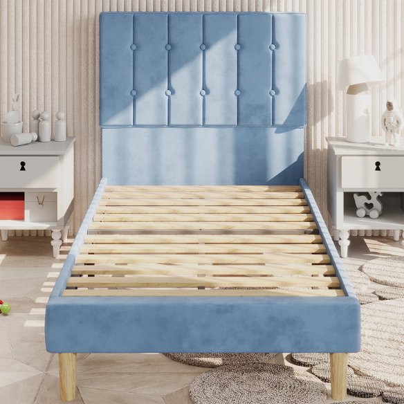 Blue twin bed frame with tufted velvet headboard, sturdy metal and wood construction, and 7.9-inch under-bed storage clearance.