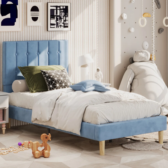 Blue twin bed frame with tufted velvet headboard, sturdy metal and wood construction, and 7.9-inch under-bed storage clearance.