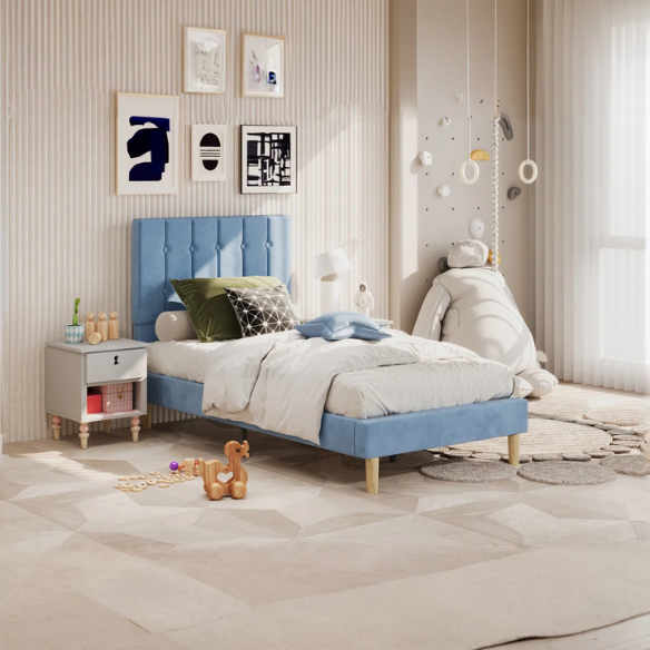 Blue twin bed frame with tufted velvet headboard, sturdy metal and wood construction, and 7.9-inch under-bed storage clearance.