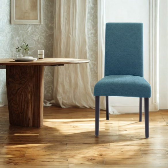 Set of two modern blue upholstered dining chairs with high backs, solid wood espresso frames, and cushioned polyester seats.