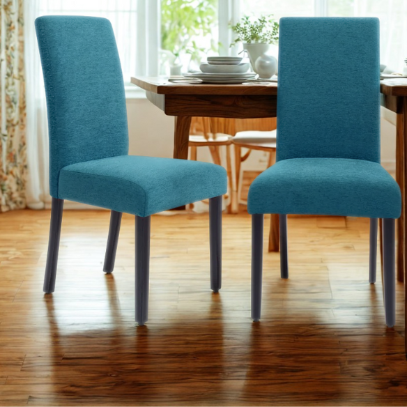 Set of two modern blue upholstered dining chairs with high backs, solid wood espresso frames, and cushioned polyester seats.