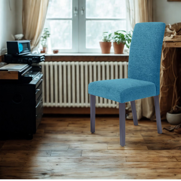 Set of two modern blue upholstered dining chairs with high backs, solid wood espresso frames, and cushioned polyester seats.