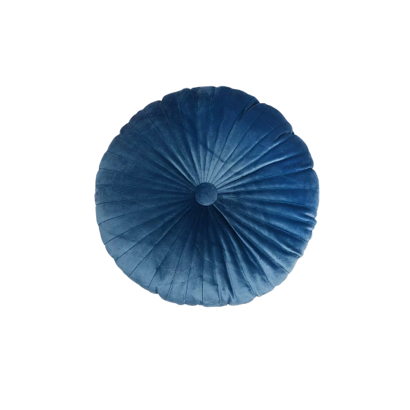 Blue Velvet Round Throw Pillow with Button Detail – Soft Plush Cushion for Sofa and Home Décor