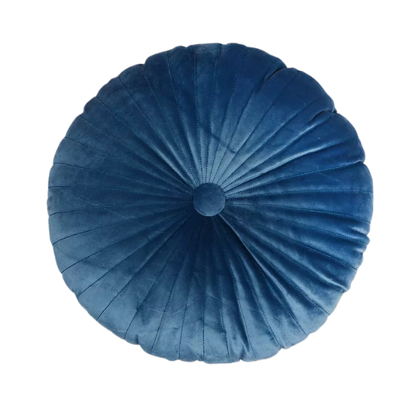 Blue Velvet Round Throw Pillow with Button Detail – Soft Plush Cushion for Sofa and Home Décor