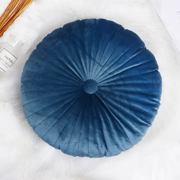Blue Velvet Round Throw Pillow with Button Detail – Soft Plush Cushion for Sofa and Home Décor