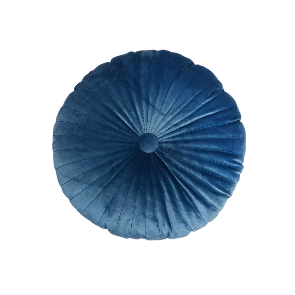 Blue Velvet Round Throw Pillow with Button Detail – Soft Plush Cushion for Sofa and Home Décor