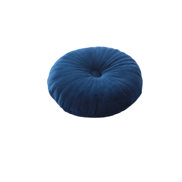 Blue Velvet Round Throw Pillow with Button Detail – Soft Plush Cushion for Sofa and Home Décor