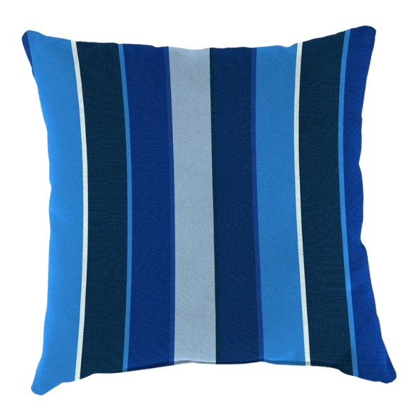 Blue and white striped accent pillow – reversible, weather-resistant, and overstuffed for stylish comfort indoors or outdoors on patios, decks, or sofas.